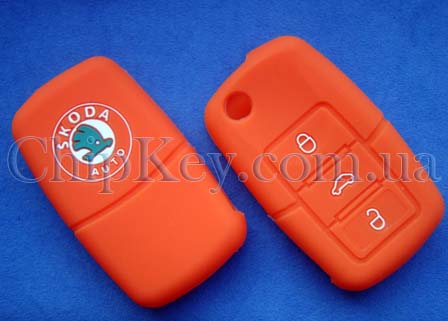 Skoda силиконовый чехол под выкидной ключ 3 кнопки, оранжевый