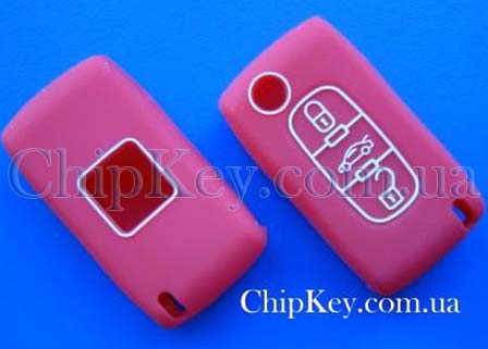 Peugeot Citroen силиконовый чехол под выкидной ключ 3 - кнопки, розовый