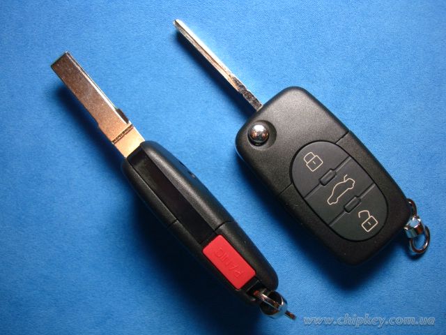 Ключ Volkswagen выкидной (корпус) 3 кнопки 1 кнопка (Panic), лезвие hu66, под батарейку 2032