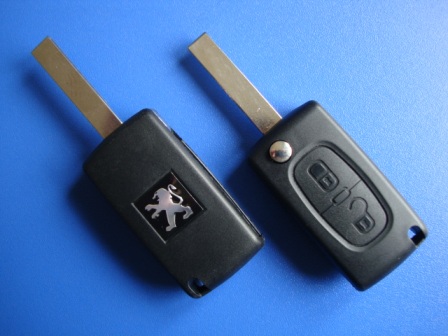 Ключ Peugeot выкидной (корпус) 2 кнопки, лезвие hu83t, с креплением для батарейки