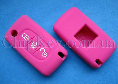 Peugeot Citroen силиконовый чехол под выкидной ключ 3 - кнопки, розовый