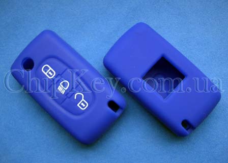 Peugeot Citroen силиконовый чехол под выкидной ключ 3 - кнопки, синий