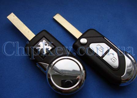 Peugeot выкидной ключ (корпус) 2 - кнопки, лезвие HU83T, с креплением для батарейки