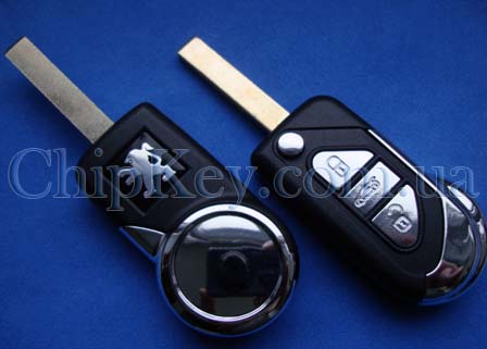 Peugeot выкидной ключ (корпус) 3 - кнопки, лезвие HU83T, с креплением для батарейки