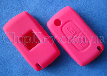 Peugeot Citroen силиконовый чехол под выкидной ключ 2 - кнопки, розовый